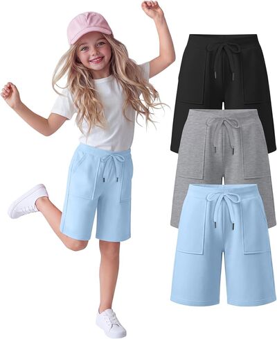 3 Pack Girls Bermuda Shorts Athletic Knee Length Drawstring Summer Long Shorts with Pockets for 5-14 Years in Kuwait