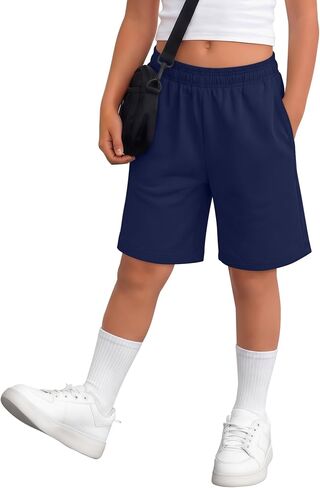 Girls' Bermuda Shorts with Pockets Youth Casual Wide Leg Bermuda Kids' Knee Length Elastic Waist Athletic Shorts in Kuwait