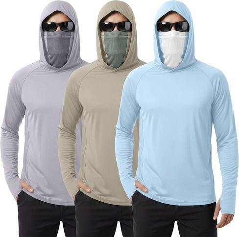 August Alley 3 Pack Men's UPF 50+ Fishing Hoddies with Mask Sun Protection Long Sleeve Shirts Rash Guard Hiking Shirts in Kuwait