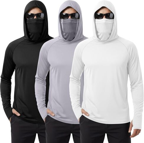 August Alley 3 Pack Men's UPF 50+ Fishing Hoddies with Mask Sun Protection Long Sleeve Shirts Rash Guard Hiking Shirts in Kuwait