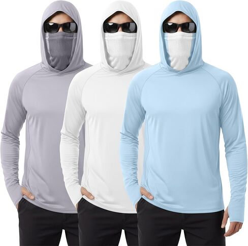 August Alley 3 Pack Men's UPF 50+ Fishing Hoddies with Mask Sun Protection Long Sleeve Shirts Rash Guard Hiking Shirts in Kuwait