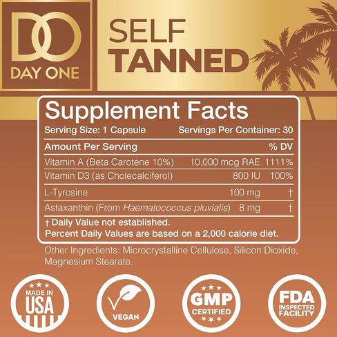 Tanning Pills Supplement for Men & Women | Supports Natural Golden Glow & Sunless Tan | Beta-Carotene, Astaxanthin 8mg & L-Tyrosine | Melanin Supplement | 30 Veggie Capsules in Kuwait