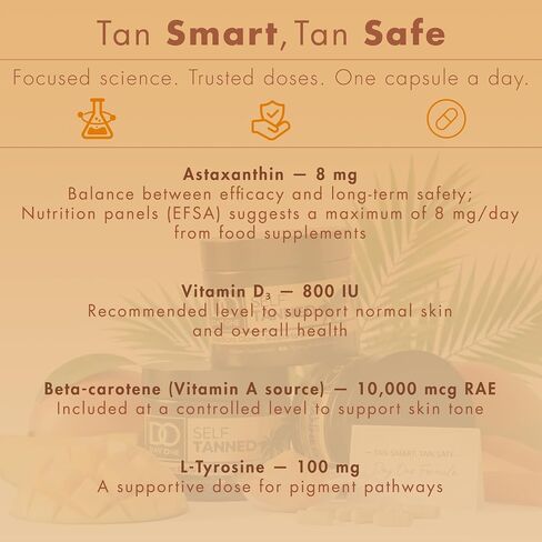 Tanning Pills Supplement for Men & Women | Supports Natural Golden Glow & Sunless Tan | Beta-Carotene, Astaxanthin 8mg & L-Tyrosine | Melanin Supplement | 30 Veggie Capsules in Kuwait