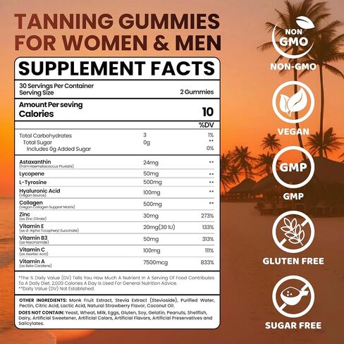 Tanning Gummies for Women, Sunless Tanning Supplement with Astaxanthin, Beta Carotene, Lycopene, Collagen & Hyaluronic Acid for Skin Radiance, Sugar Free, Vegan, Non- GMO, Strawberry Flavor, 60 Count in Saudi Arabia