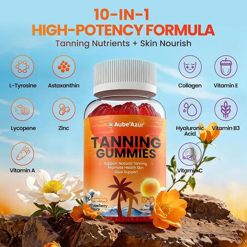 Tanning Gummies for Women, Sunless Tanning Supplement with Astaxanthin, Beta Carotene, Lycopene, Collagen & Hyaluronic Acid for Skin Radiance, Sugar Free, Vegan, Non- GMO, Strawberry Flavor, 60 Count in Saudi Arabia
