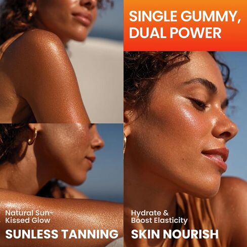 Tanning Gummies for Women, Sunless Tanning Supplement with Astaxanthin, Beta Carotene, Lycopene, Collagen & Hyaluronic Acid for Skin Radiance, Sugar Free, Vegan, Non- GMO, Strawberry Flavor, 60 Count in Saudi Arabia