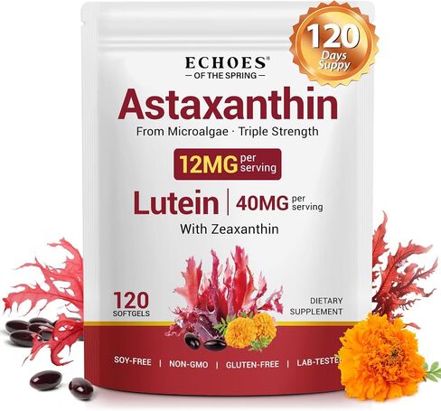 KZUO Astaxanthin 12MG & Lutein 40MG with Zeaxanthin Supplements, Fresh Microalgae Source, Supports Eye, Skin, Antioxidant, Health Non-GMO Gluten Free, Lab-Tested - 120 Softgels in Saudi Arabia