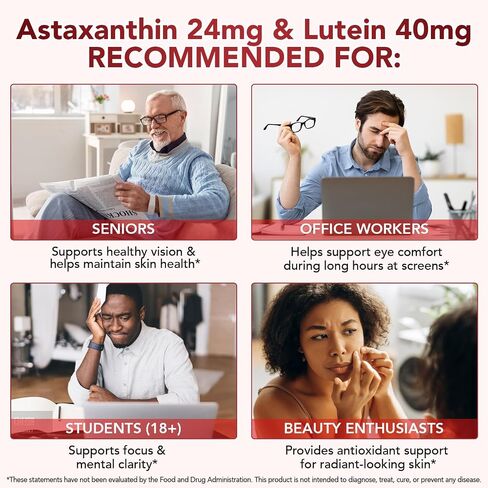 KZUO Astaxanthin 12MG & Lutein 40MG with Zeaxanthin Supplements, Fresh Microalgae Source, Supports Eye, Skin, Antioxidant, Health Non-GMO Gluten Free, Lab-Tested - 120 Softgels in Saudi Arabia