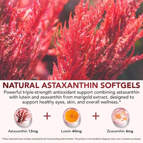 KZUO Astaxanthin 12MG & Lutein 40MG with Zeaxanthin Supplements, Fresh Microalgae Source, Supports Eye, Skin, Antioxidant, Health Non-GMO Gluten Free, Lab-Tested - 120 Softgels in Saudi Arabia