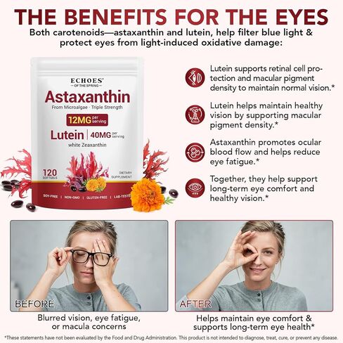 KZUO Astaxanthin 12MG & Lutein 40MG with Zeaxanthin Supplements, Fresh Microalgae Source, Supports Eye, Skin, Antioxidant, Health Non-GMO Gluten Free, Lab-Tested - 120 Softgels in Saudi Arabia