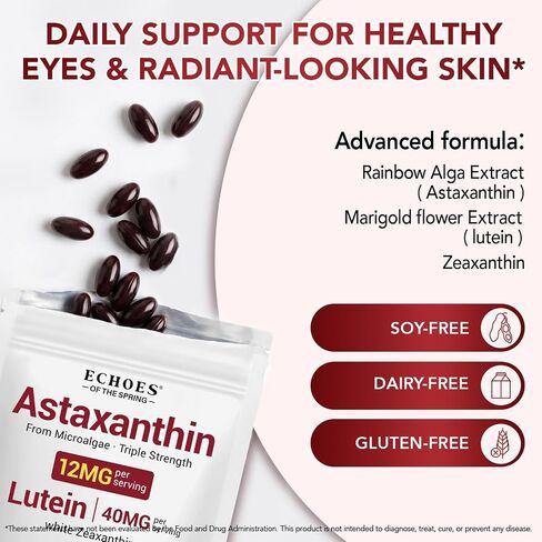 KZUO Astaxanthin 12MG & Lutein 40MG with Zeaxanthin Supplements, Fresh Microalgae Source, Supports Eye, Skin, Antioxidant, Health Non-GMO Gluten Free, Lab-Tested - 120 Softgels in Saudi Arabia