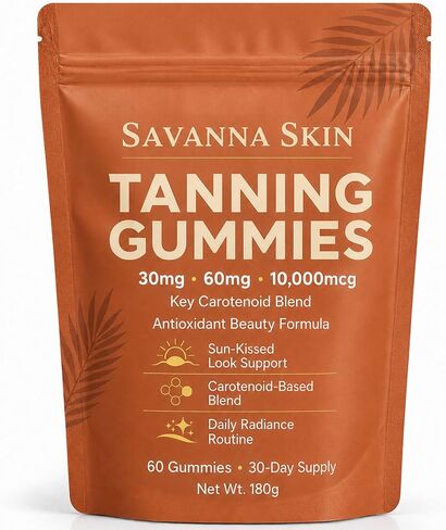 Tanning Gummies, Astaxanthin & Beta-Carotene Formula, Supports Natural Glow and Skin Radiance, for Daily Beauty Routine and Travel Prep, Bronzing, Non-GMO, Vegan & Sugar Free, 60 Count in Kuwait