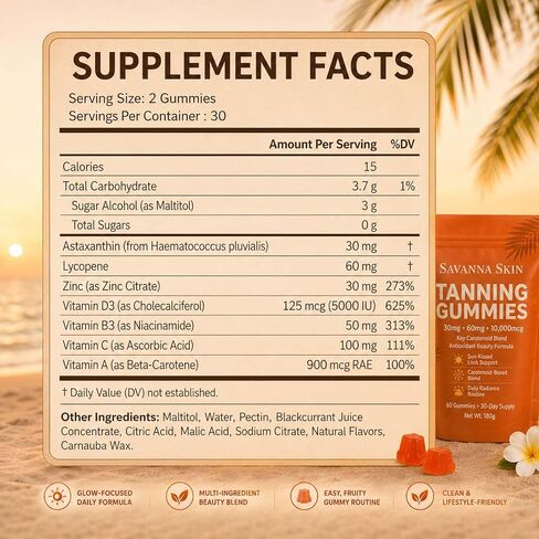 Tanning Gummies, Astaxanthin & Beta-Carotene Formula, Supports Natural Glow and Skin Radiance, for Daily Beauty Routine and Travel Prep, Bronzing, Non-GMO, Vegan & Sugar Free, 60 Count in Kuwait