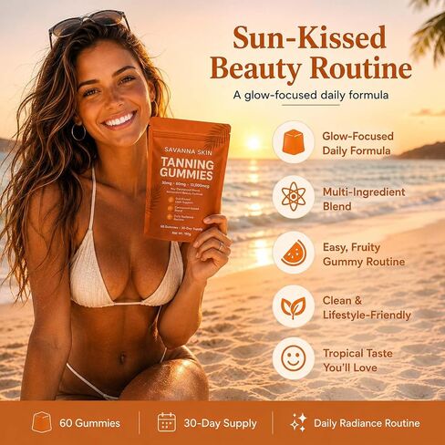Tanning Gummies, Astaxanthin & Beta-Carotene Formula, Supports Natural Glow and Skin Radiance, for Daily Beauty Routine and Travel Prep, Bronzing, Non-GMO, Vegan & Sugar Free, 60 Count in Kuwait