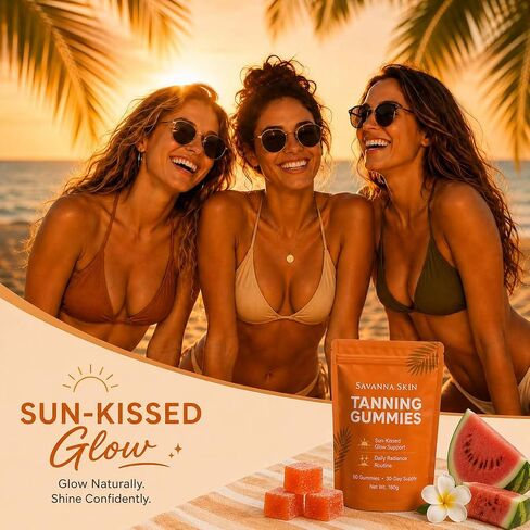 Tanning Gummies, Astaxanthin & Beta-Carotene Formula, Supports Natural Glow and Skin Radiance, for Daily Beauty Routine and Travel Prep, Bronzing, Non-GMO, Vegan & Sugar Free, 60 Count in Kuwait