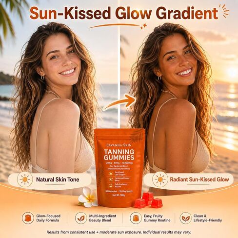 Tanning Gummies, Astaxanthin & Beta-Carotene Formula, Supports Natural Glow and Skin Radiance, for Daily Beauty Routine and Travel Prep, Bronzing, Non-GMO, Vegan & Sugar Free, 60 Count in Kuwait