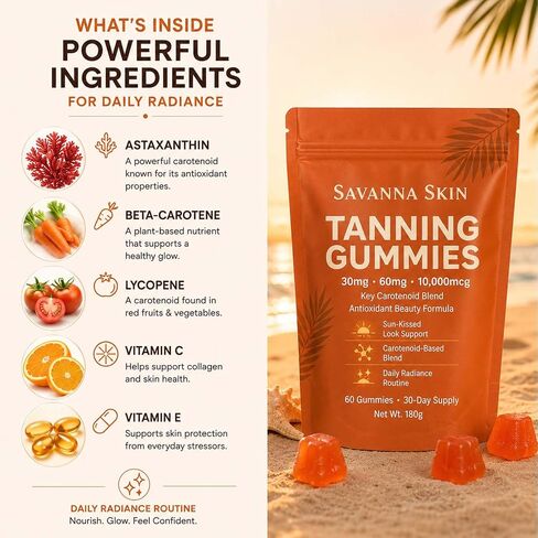 Tanning Gummies, Astaxanthin & Beta-Carotene Formula, Supports Natural Glow and Skin Radiance, for Daily Beauty Routine and Travel Prep, Bronzing, Non-GMO, Vegan & Sugar Free, 60 Count in Kuwait
