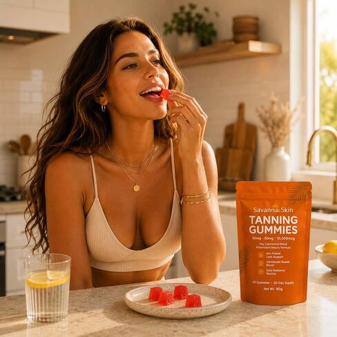 Tanning Gummies, Astaxanthin & Beta-Carotene Formula, Supports Natural Glow and Skin Radiance, for Daily Beauty Routine and Travel Prep, Bronzing, Non-GMO, Vegan & Sugar Free, 60 Count in Kuwait