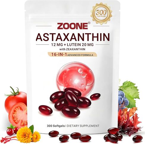 16-in-1 Astaxanthin 12mg Supplements with Lutein 20mg & Zeaxanthin, Fresh Microalgae Source Antioxidant Supplement for Eye, Skin Health, Non-GMO and Gluten Free, 300 Softgels (10-Month Supply) in Saudi Arabia
