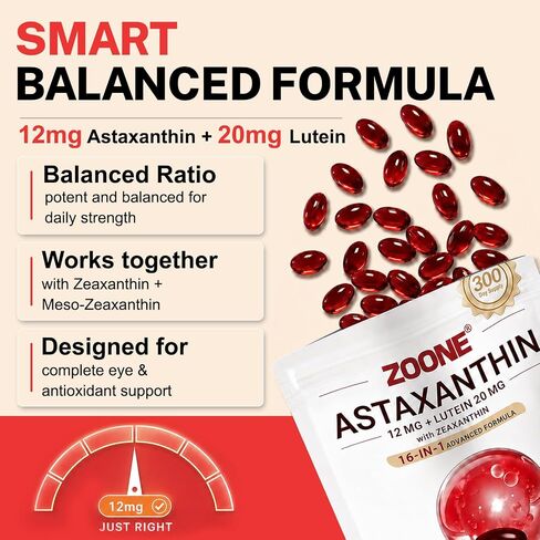 16-in-1 Astaxanthin 12mg Supplements with Lutein 20mg & Zeaxanthin, Fresh Microalgae Source Antioxidant Supplement for Eye, Skin Health, Non-GMO and Gluten Free, 300 Softgels (10-Month Supply) in Saudi Arabia