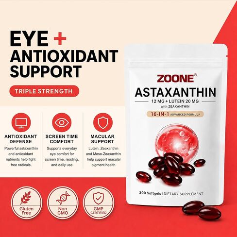 16-in-1 Astaxanthin 12mg Supplements with Lutein 20mg & Zeaxanthin, Fresh Microalgae Source Antioxidant Supplement for Eye, Skin Health, Non-GMO and Gluten Free, 300 Softgels (10-Month Supply) in Saudi Arabia