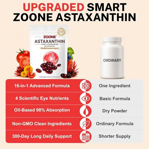 16-in-1 Astaxanthin 12mg Supplements with Lutein 20mg & Zeaxanthin, Fresh Microalgae Source Antioxidant Supplement for Eye, Skin Health, Non-GMO and Gluten Free, 300 Softgels (10-Month Supply) in Saudi Arabia