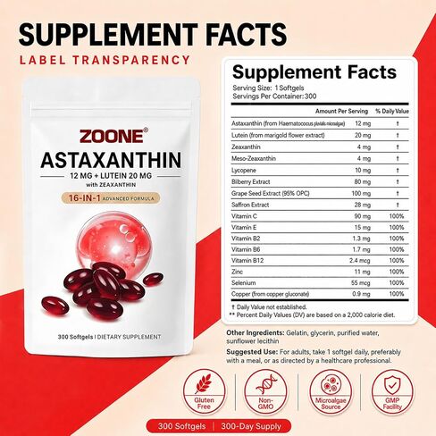 16-in-1 Astaxanthin 12mg Supplements with Lutein 20mg & Zeaxanthin, Fresh Microalgae Source Antioxidant Supplement for Eye, Skin Health, Non-GMO and Gluten Free, 300 Softgels (10-Month Supply) in Saudi Arabia