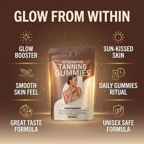 Tanning Gummies for Women & Men with Astaxanthin, Vitamin C, Vitamin E & Beta-Carotene – Sunless Tanning Supplement, Skin Support for Beach, Travel & Summer Routine, Vegan, Non-GMO, Sugar Free, 60ct in Kuwait