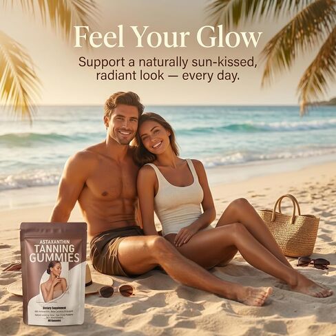 Tanning Gummies for Women & Men with Astaxanthin, Vitamin C, Vitamin E & Beta-Carotene – Sunless Tanning Supplement, Skin Support for Beach, Travel & Summer Routine, Vegan, Non-GMO, Sugar Free, 60ct in Kuwait