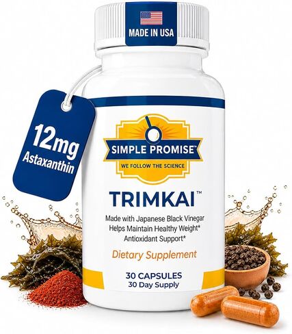 Simple Promise TrimKai - Japanese Black Vinegar Capsules for Metabolism Support - with Astaxanthin 12mg, Seaweed & Black Pepper Extract - Plant-Based Formula - 30 Capsules in Saudi Arabia