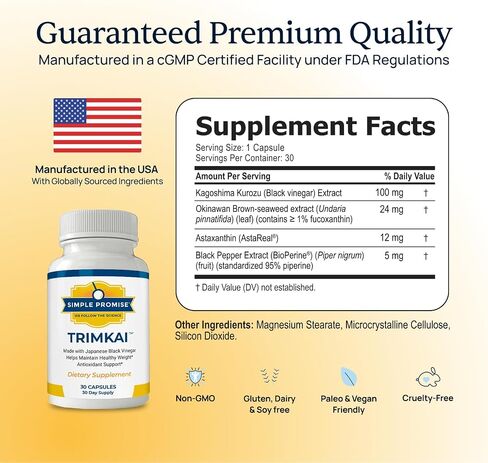 Simple Promise TrimKai - Japanese Black Vinegar Capsules for Metabolism Support - with Astaxanthin 12mg, Seaweed & Black Pepper Extract - Plant-Based Formula - 30 Capsules in Saudi Arabia