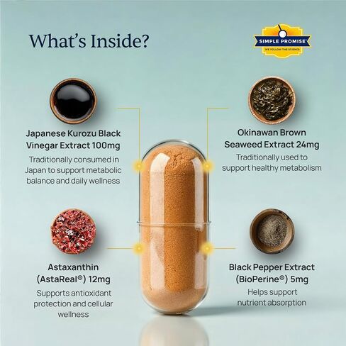 Simple Promise TrimKai - Japanese Black Vinegar Capsules for Metabolism Support - with Astaxanthin 12mg, Seaweed & Black Pepper Extract - Plant-Based Formula - 30 Capsules in Saudi Arabia