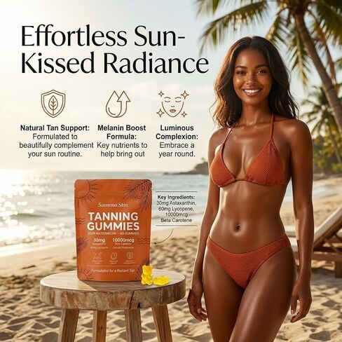Zentra Natural Tanning Gummies - Vitamin C & E, Astaxanthin & Beta Carotene for Radiant Glow & Hydration, Non-GMO Vegan Sugar-Free, 60 Count in Saudi Arabia