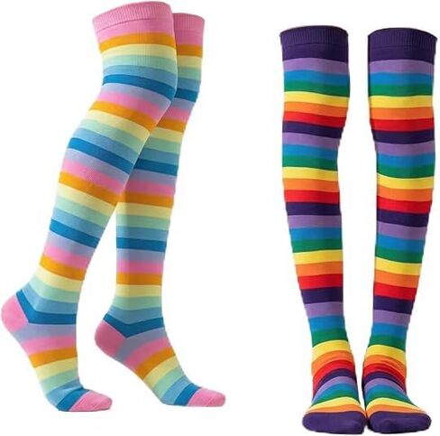2 Sets Rainbow Striped Leg Warmers for Women, Knee High Socks Long Knitted Arm Warmers Fingerless Gloves, Pride Halloween Costume Accessories in Saudi Arabia