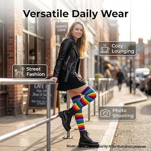 2 Sets Rainbow Striped Leg Warmers for Women, Knee High Socks Long Knitted Arm Warmers Fingerless Gloves, Pride Halloween Costume Accessories in Saudi Arabia