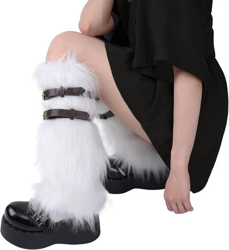 HiiFeuer Faux Fur Fuzzy Leg Warmers with Adjustable Elastic Band, Fluffy Boot Cuff Sleeves,Warm Boot Covers for Cosplay Party in Kuwait