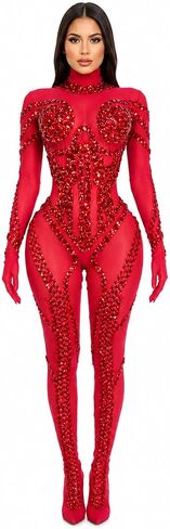Women's Red Rhinestone Bodysuit Costume, Long Sleeve Stage Performance Jumpsuit, One Size in Saudi Arabia