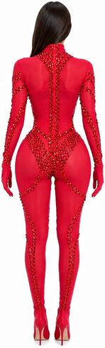 Women's Red Rhinestone Bodysuit Costume, Long Sleeve Stage Performance Jumpsuit, One Size in Saudi Arabia