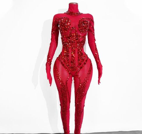 Women's Red Rhinestone Bodysuit Costume, Long Sleeve Stage Performance Jumpsuit, One Size in Saudi Arabia