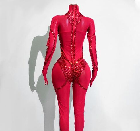 Women's Red Rhinestone Bodysuit Costume, Long Sleeve Stage Performance Jumpsuit, One Size in Saudi Arabia