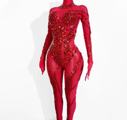 Women's Red Rhinestone Bodysuit Costume, Long Sleeve Stage Performance Jumpsuit, One Size in Saudi Arabia