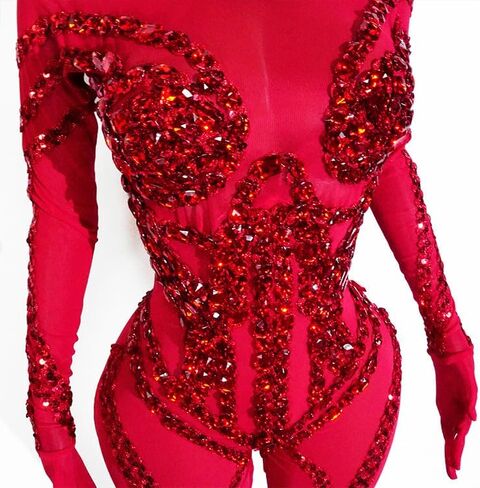 Women's Red Rhinestone Bodysuit Costume, Long Sleeve Stage Performance Jumpsuit, One Size in Saudi Arabia