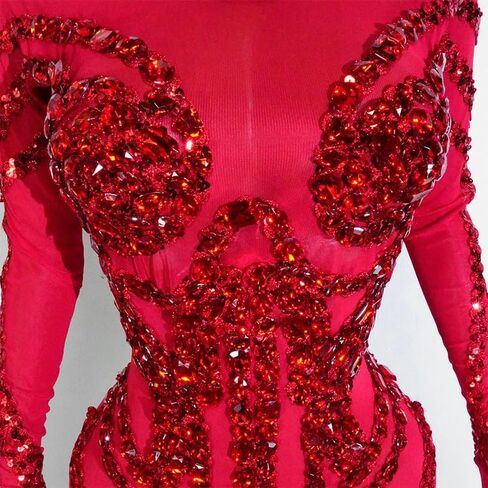 Women's Red Rhinestone Bodysuit Costume, Long Sleeve Stage Performance Jumpsuit, One Size in Saudi Arabia