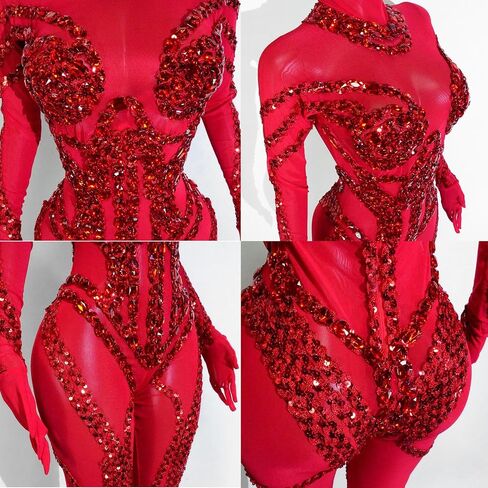 Women's Red Rhinestone Bodysuit Costume, Long Sleeve Stage Performance Jumpsuit, One Size in Saudi Arabia