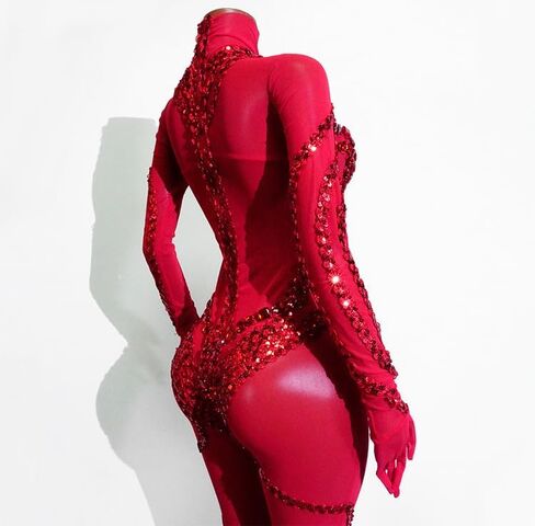 Women's Red Rhinestone Bodysuit Costume, Long Sleeve Stage Performance Jumpsuit, One Size in Saudi Arabia