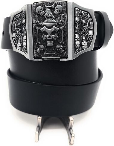 Skulls & Fangs Gothic Belt Buckle with Hidden Lighter + Genuine Leather Belt – Heavy Metal Punk Rock Accessory for Men in Kuwait