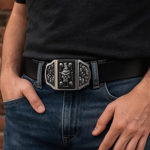 Skulls & Fangs Gothic Belt Buckle with Hidden Lighter + Genuine Leather Belt – Heavy Metal Punk Rock Accessory for Men in Kuwait
