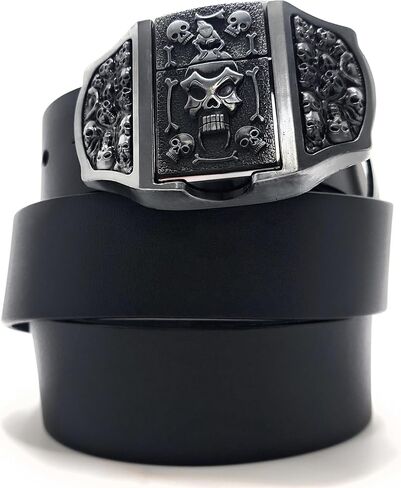 Skulls & Fangs Gothic Belt Buckle with Hidden Lighter + Genuine Leather Belt – Heavy Metal Punk Rock Accessory for Men in Kuwait