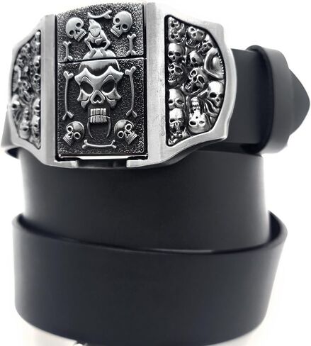 Skulls & Fangs Gothic Belt Buckle with Hidden Lighter + Genuine Leather Belt – Heavy Metal Punk Rock Accessory for Men in Kuwait