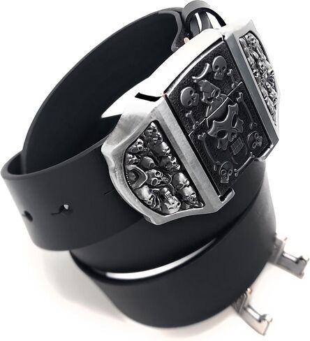 Skulls & Fangs Gothic Belt Buckle with Hidden Lighter + Genuine Leather Belt – Heavy Metal Punk Rock Accessory for Men in Kuwait